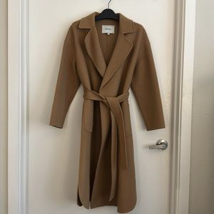 Camel double face wool-cashmere blend wrap coat with belt loops